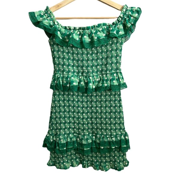 Tularosa Teri Gingham Plaid Smocked Bodycon Mini Dress Green Small Ruffle Peplum - Picture 4 of 9